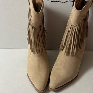 Time Tru-Fringe Suede Pointed-Toe Ankle Boots in Tan